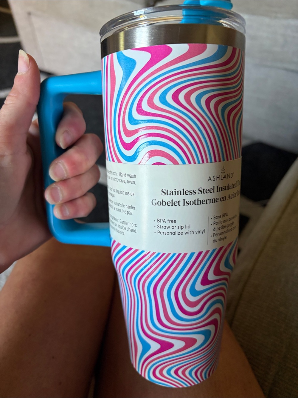 Ashland Stainless Steel Tumbler with Blue Handle & Pink Swirl